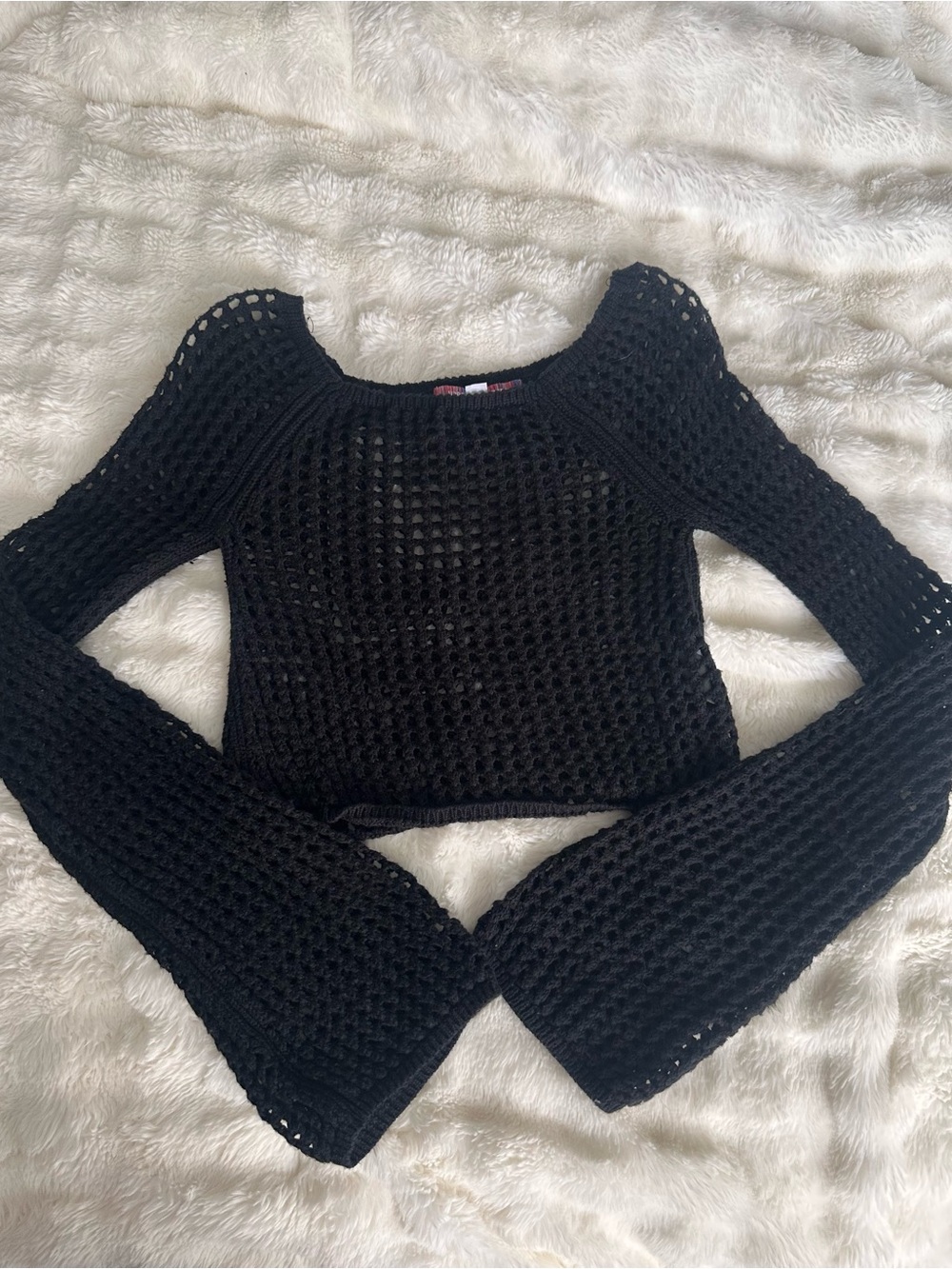 Urban Outfitters Black Open-Knit Crochet Bell Sleeve Top